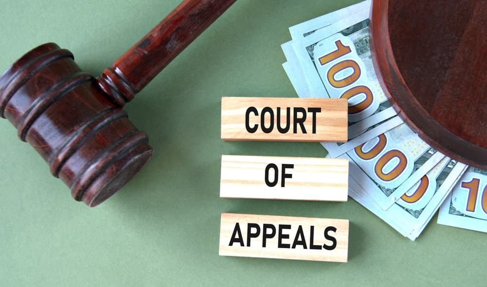 COURT OF APPEALS - words on wooden blocks against the background of a judge's gavel and banknotes