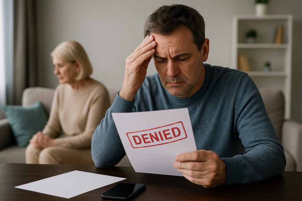 A middle-aged man looks distressed while reading a denial letter at a table, with an older woman sitting quietly in the background of a home setting.