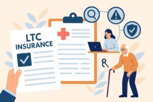 Illustrated guide showing a person holding an LTC insurance form, a woman working on a laptop, and an elderly man with a cane, symbolizing long-term care claim steps.