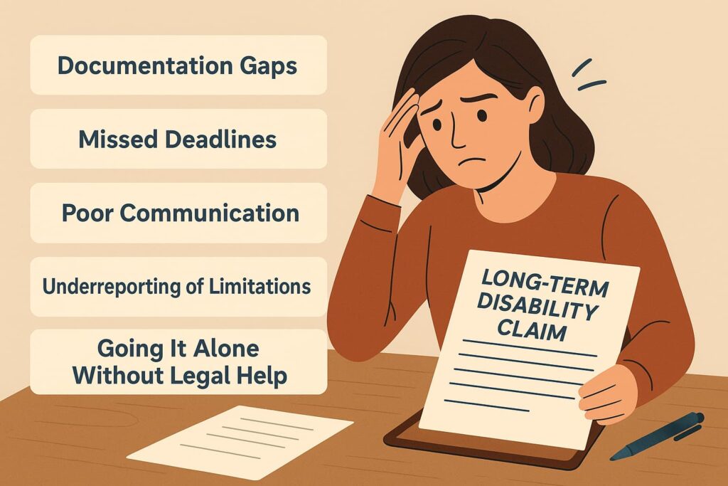 Illustration of a woman reviewing a long-term disability claim at her desk, with five labeled mistakes&mdash;communication gaps, documentation errors, missed deadlines, underreporting limitations, and lack of legal help&mdash;clearly visible on a checklist.