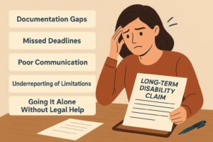 Illustration of a woman reviewing a long-term disability claim at her desk, with five labeled mistakes—communication gaps, documentation errors, missed deadlines, underreporting limitations, and lack of legal help—clearly visible on a checklist.