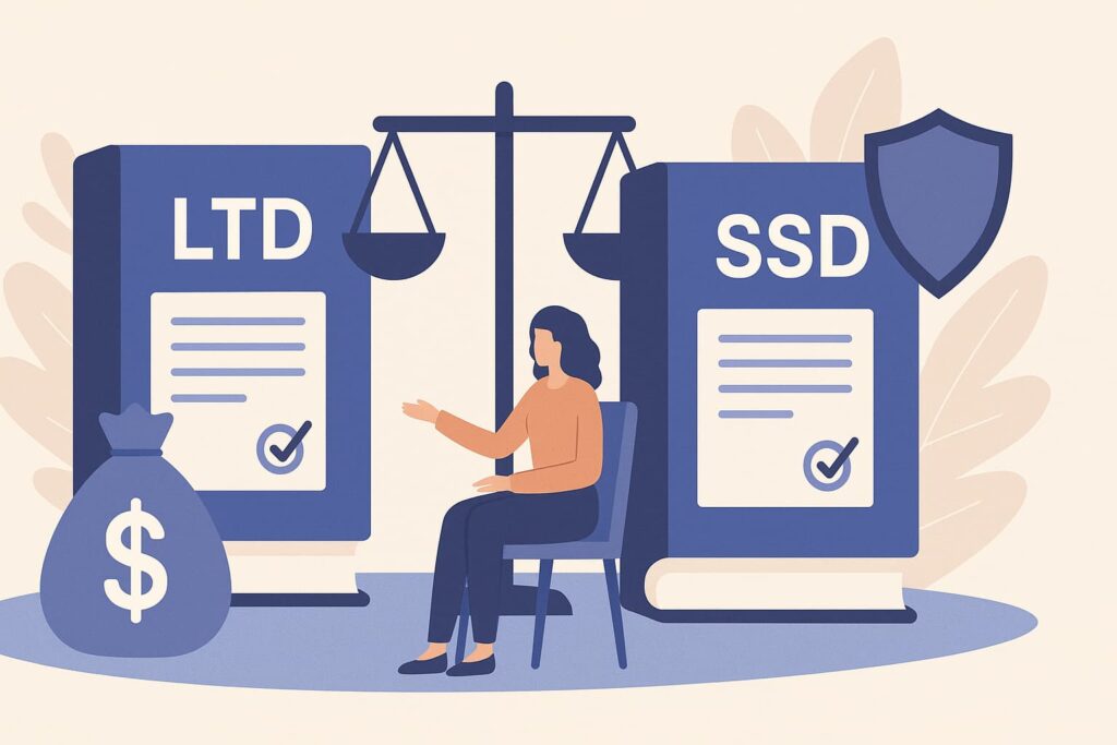Illustration comparing Long-Term Disability (LTD) and Social Security Disability (SSD), with legal binders, balance scale, and a woman evaluating benefit options.